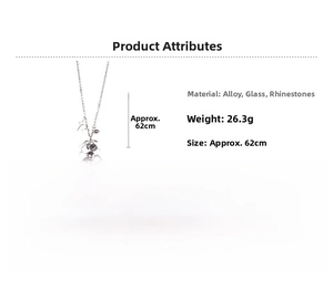 Detailed infographic showing glass bead necklace specs, alloy material, and 62cm chain length