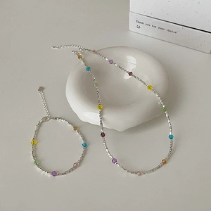 Colorful crystal silver necklace and bracelet set for women with vibrant beads