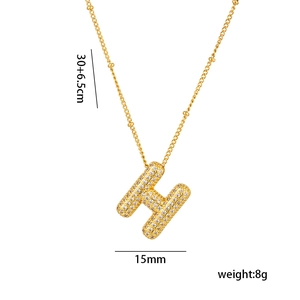 Detail of 18K gold plated H-letter necklace with zircon stones and size measurements