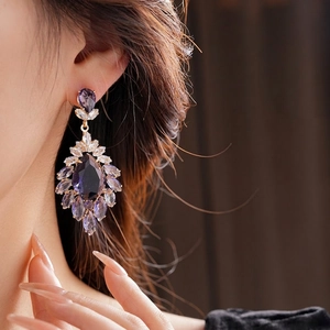 Vintage palace style long earrings with purple waterdrop gemstones and floral zircon design