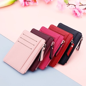 Slim PU leather card holder wallet for women in multiple colors with zipper pocket