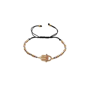 Adjustable black cord bracelet with zircon Hamsa Hand and gold silver rose gold beads