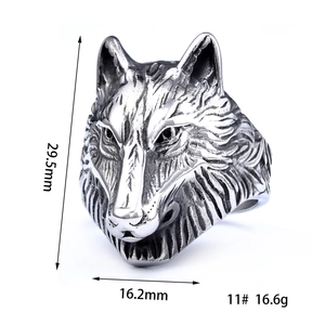 Vintage stainless steel viking wolf head ring with detailed silver fur texture and sizing