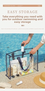 Macro shot of large capacity waterproof transparent PVC beach bag by the swimming pool