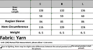 Size chart for jacquard knit sweater including bust, length, and raglan sleeve measurements