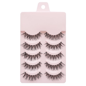 Five pairs of natural thick black false eyelashes on a pink tray with white background