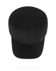 Top-down view of a thick black wool military flat cap with metal side hardware