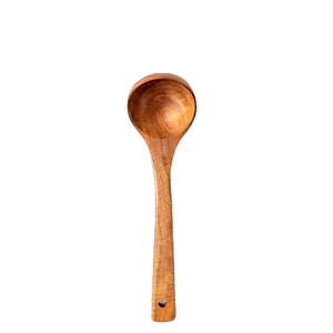 Natural teak wood soup ladle with long handle and hanging hole for non-stick cookware