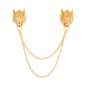 Vintage gold wolf head brooch with double layer chains for men's suit lapel pins