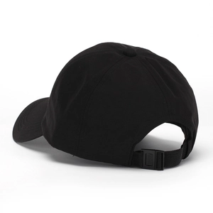 Back view of black baseball cap with adjustable plastic strap and six-panel structure