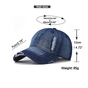 Size chart showing dimensions and 95g weight for distressed washed denim baseball cap