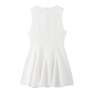 Detailed back view of white sleeveless dress showing invisible zipper and flared skirt