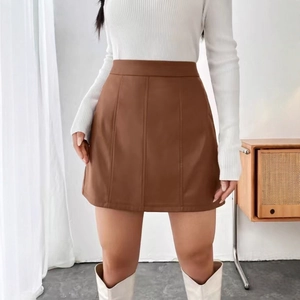 Brown high-waisted PU leather A-line mini skirt with decorative stitching details