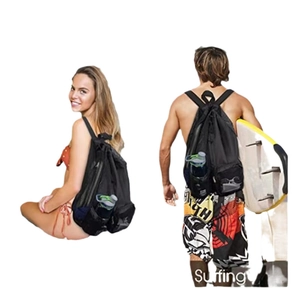 Black mesh drawstring swim backpack for gym and beach with separate wet compartment