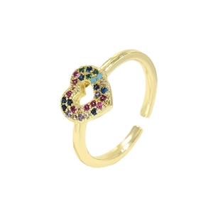 18K gold plated heart ring with colorful rainbow cubic zirconia and adjustable open band