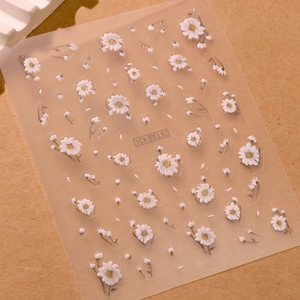 5D embossed daisy nail art stickers 5D-ST132 with realistic white petals and 3D floral texture
