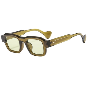 Retro square sunglasses with olive green acetate frame and yellow tinted lenses