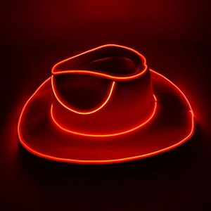 Close-up of a cowboy hat with red EL wire glowing edges for parties and festivals