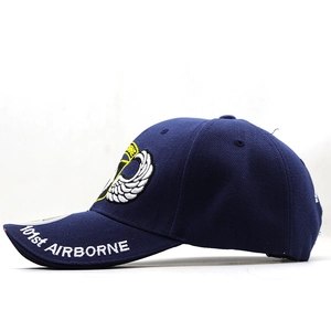 Detailed side view of 101st Airborne tactical navy cotton twill baseball cap embroidery