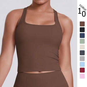 Débardeur de Sport pour Femmes Brossé Dos Nageur Gilet de Yoga Couleur Unie Coupe Ajustée Respirant Top de Fitness