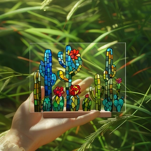 Floral acrylic desk ornament with cactus design on wood base held in hand