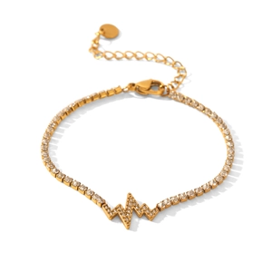 Elegant gold stainless steel bracelet with sparkling heart-beat pattern and zircon stones