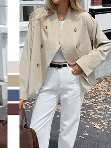Double Breasted Short Jacket Polyester Lapel Long Sleeve Loose Fit Button Down Casual Streetwear Autumn Winter Women
