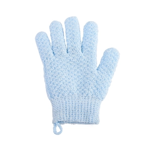 Thickened exfoliating bath glove in light blue with textured surface and elastic cuff
