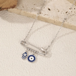 Elegant S925 silver paperclip necklace featuring Fatima Hand and Evil Eye charms