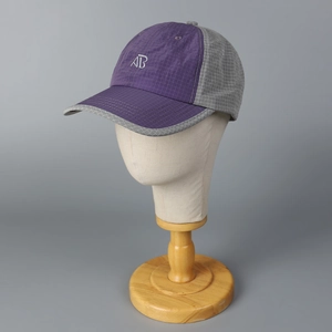 Quick-dry plaid baseball cap with AB embroidery in purple and grey color block style
