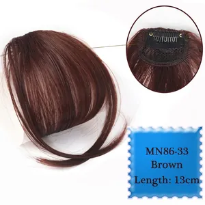 Detail view of brown air bangs wig piece with breathable mesh and 13cm length specification