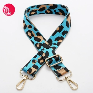 Adjustable blue leopard print bag strap with gold metal hooks, Model No. 189