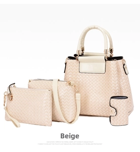 Detailed 4-in-1 beige woven texture handbag set with tote, crossbody bag, and clutch
