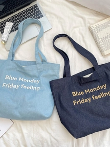 Denim Tote Bag Large Capacity Letter Embroidery Shoulder Handbag Women Daily Casual Commuting Retro Simple Ins Style
