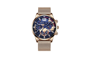 Detailed close-up of golden mesh strap and blue dial chronograph with calendar window