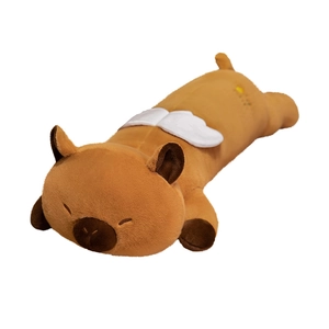 Soft cartoon capybara plush pillow with white wings in a cozy sleeping pose