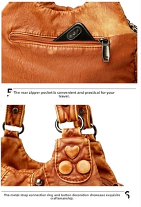 Detail view of leather shoulder bag featuring rear zipper pocket and vintage bronze hardware