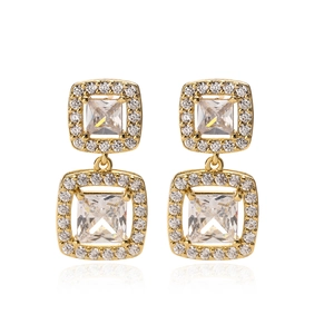 Elegant gold square earrings with layered geometric drops and sparkling zircon stones