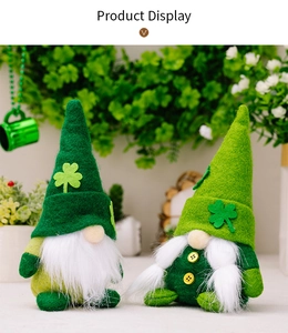 Detailed view of St. Patrick's Day gnomes with green shamrock patterns and plush texture