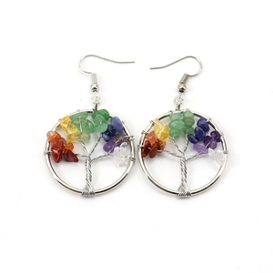Detailed view of silver wire-wrapped tree of life earrings with multicolor crystal stones