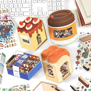 3D miniature food PET stickers featuring cute bakery, cafe, and sushi shop box designs