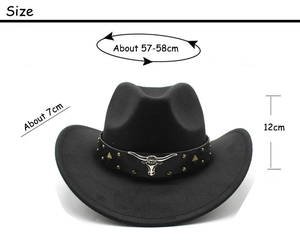 Black cowboy hat size chart with dimensions for head circumference and brim width