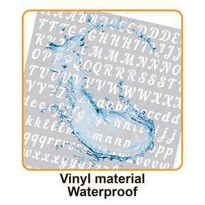 Detail showing waterproof vinyl letter stickers with water splashes on grey background
