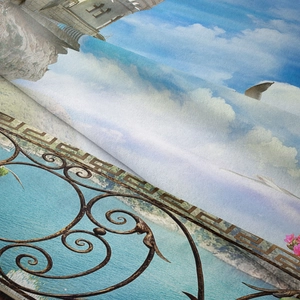 Close-up of microfiber tapestry fabric featuring Mediterranean castle and cloud print
