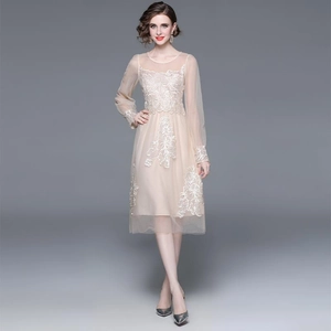 Robe élégante en tulle champagne avec broderie florale blanche et manches longues en résille