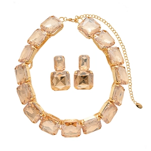 Champagne gold jewelry set with rectangle crystals featuring necklace and stud earrings
