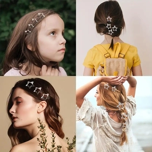 Collage of silver star hair clips showing various hairstyles on women and children
