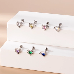 Colorful heart-shaped zircon earrings set in silver titanium steel on white pedestals