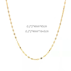 Detailed close-up of 18K gold lip chain necklace links with length and size specifications