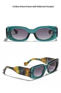 Close-up of stylish blue-green square sunglasses with unique marble patterned temples